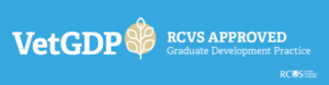 A blue banner displays the words VetGDP RCVS APPROVED Graduate Development Practice and features an RCVS logo in the corner. It is proudly linked with Sanderson Vet, a highly respected Emergency Vet practice on the Wirral.