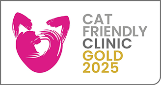A logo with an abstract pink cat design says Cat Friendly Clinic Gold 2025 and is supported by Sanderson Vet.