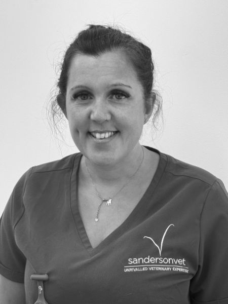 A woman wearing scrubs with a Sandersonvet logo stands in front of a plain background, smiling at the camera.
