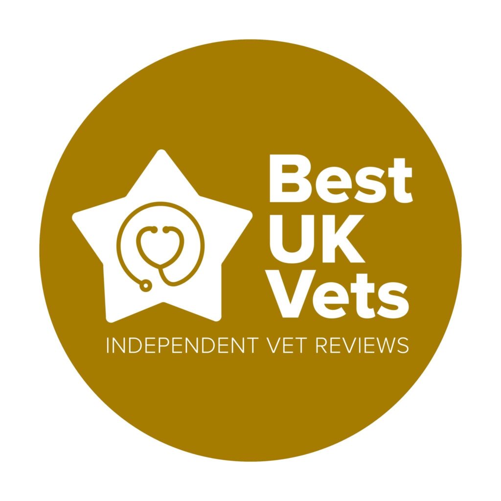 A gold circle with a white star and stethoscope icon, showing Awards and the words Best UK Vets Independent Vet Reviews.