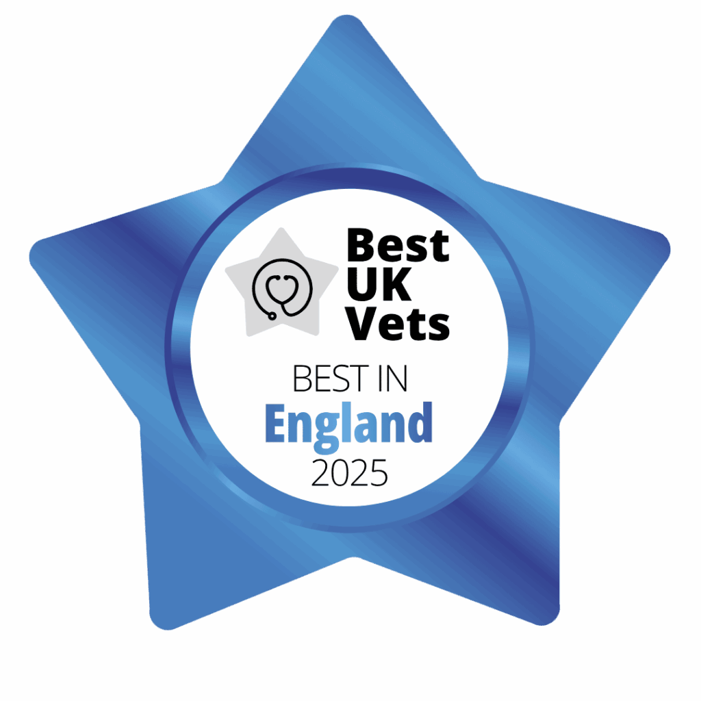 Blue, star-shaped badge with the words: Best UK Vets, Best in England 2025, and a heart with a stethoscope picture.