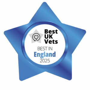 Blue, star-shaped badge with the words: Best UK Vets, Best in England 2025, and a heart with a stethoscope picture.