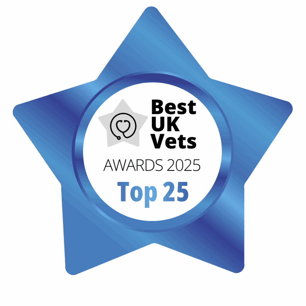 A blue badge shaped like a star, with a round centre showing Best UK Vets AWARDS 2025 Top 25 written in black and blue letters.