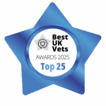 A blue badge shaped like a star, with a round centre showing Best UK Vets AWARDS 2025 Top 25 written in black and blue letters.