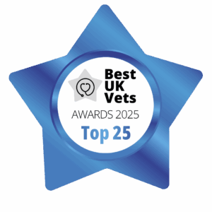 A blue badge shaped like a star, with a round centre showing Best UK Vets AWARDS 2025 Top 25 written in black and blue letters.