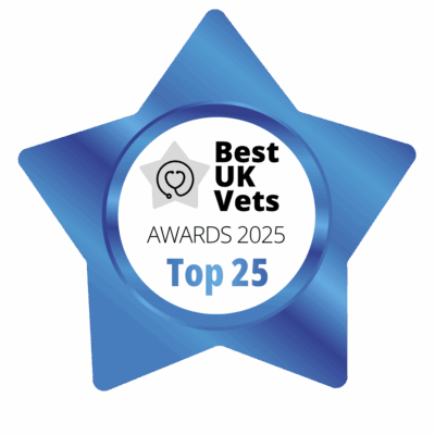 A blue badge shaped like a star, with a round centre showing Best UK Vets AWARDS 2025 Top 25 written in black and blue letters.