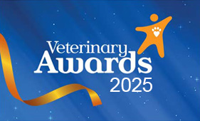Veterinary Awards 2025 logo on a blue background, showing a gold ribbon and an orange shape with a paw print, honouring the best accreditations and successes in animal care.