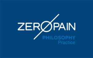 White words on a blue background say ZERO PAIN, with a slanted line through the letter O. Below in smaller writing is PHILOSOPHY Practice, showing our Awards and promise to do our best.