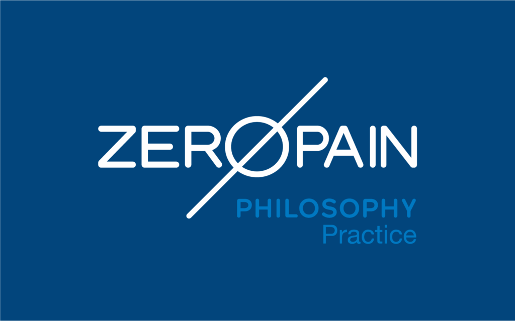 White words on a blue background say ZERO PAIN, with a slanted line through the letter O. Below in smaller writing is PHILOSOPHY Practice, showing our Awards and promise to do our best.