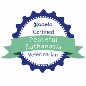 A round badge shows the words "caeta Certified Peaceful Euthanasia Veterinarian" on a ribbon design in blue and green colours.
