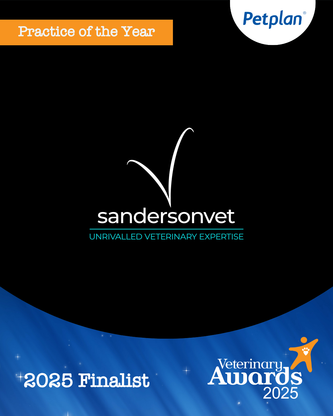 Sanderson Vet logo with banners saying Practice of the Year and 2025 Finalist, marking the Petplan Veterinary Awards 2025.