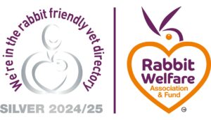 Two logos. One is for the rabbit friendly vet directory with a SILVER 2024/25 label. The other is for the Rabbit Welfare Association & Fund, showing a heart-shaped rabbit—helpful for owners wanting reliable rabbit care.
