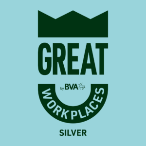 A green badge shaped like a crown, showing the words "Great Workplaces by BVA Silver", sits on a light blue background.