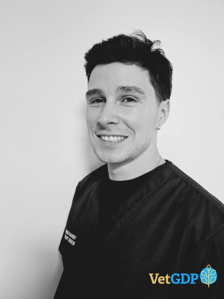 A person in dark medical scrubs stands in front of a plain wall and smiles at the camera. The VetGDP logo is shown in the bottom right corner.
