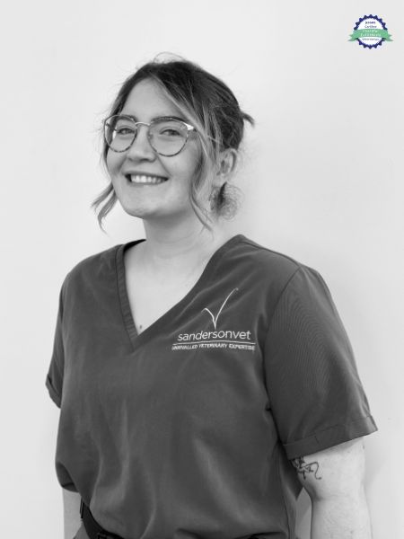 A woman with glasses and wearing scrubs that have a Sandersonvet logo is standing in front of a plain background, smiling at the camera.