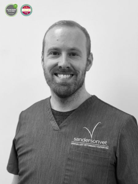 A man wearing veterinary scrubs with a sandersonvet logo stands in front of a plain background, smiling at the camera. There are two award badges shown in the top left corner.