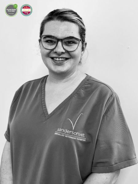 A happy woman wearing glasses and scrubs with the sandersonvet logo stands in front of a plain background. Two award badges are shown in the top left corner.