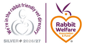 Two logos: one reads "We're in the rabbit friendly vet directory, Silver+ 2026/27," and the other is for the Rabbit Welfare Association & Fund. Good for rabbit owners wanting safe care and advice.