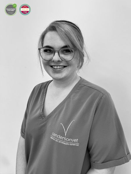 A person with glasses and scrubs showing the sandersonvet logo stands in front of a plain background. There are two award badges in the top left corner.