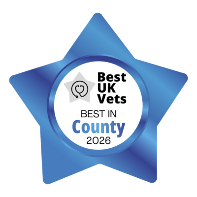 A blue, star-shaped badge with the words "Best UK Vets Best in County 2026" in the centre and a small stethoscope symbol.