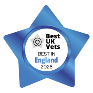 A blue star badge with the words Best UK Vets, Best in England 2026, and a small vet symbol inside a grey star.
