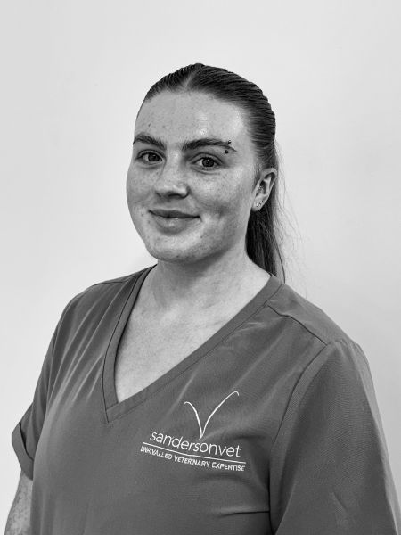 A person in a scrub top with the SandersonVet unrivalled veterinary expertise logo stands in front of a plain background and looks at the camera.