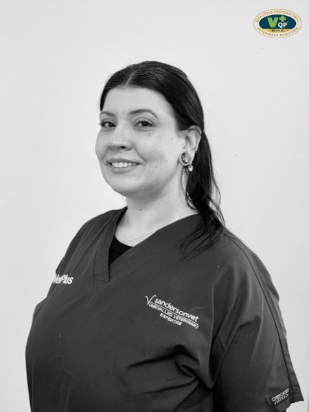 A woman wearing medical scrubs stands in front of a plain background, with a gentle smile. Her scrubs display the Sanderson Vet badge and her name. There is a logo in the top right corner.