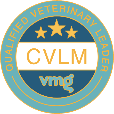 A round badge with "Qualified Veterinary Leader" written along the edge, three stars, "CVLM" in the middle, and "vmg" at the bottom. It uses teal, blue, and gold colours. Inspired by Richard Sanderson's dedication to excellence.