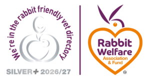 Two logos: One shows “We’re in the rabbit friendly vet directory, SILVER+ 2026/27” with a rabbit picture. The other is the Rabbit Welfare Association & Fund logo inside an orange heart outline.