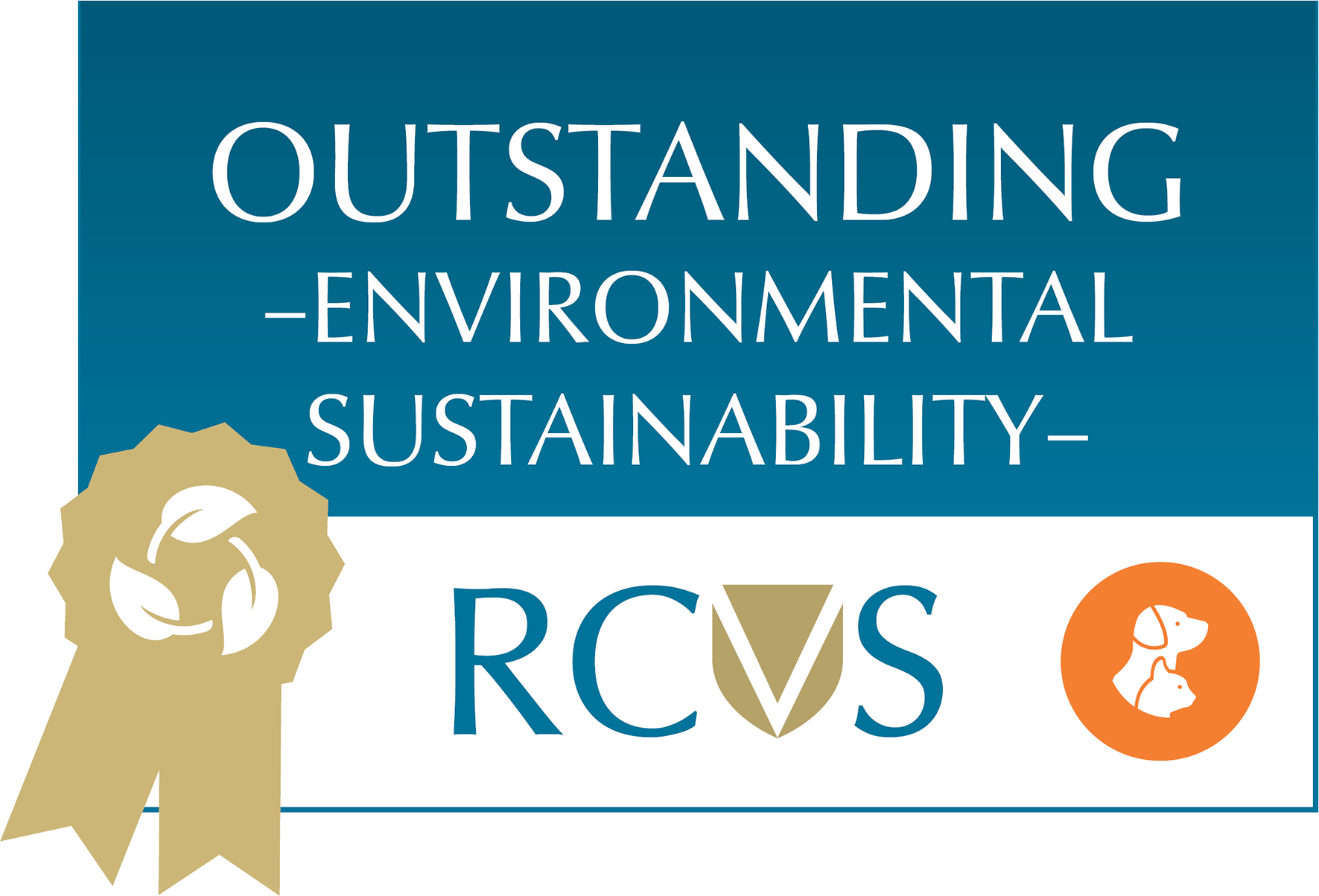 A gold RCVS Outstanding Environmental Sustainability award badge, part of the RCVS Practice Standards scheme, showing the RCVS logo and a dog and cat icon.
