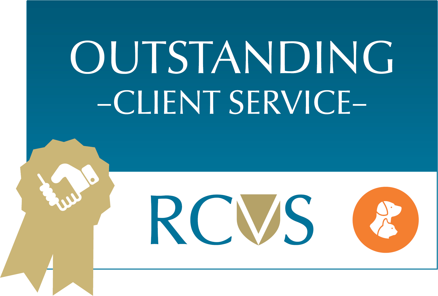 A badge for the Outstanding Client Service award, showing the RCVS logo, given to Sanderson Vet for meeting veterinary practice standards.