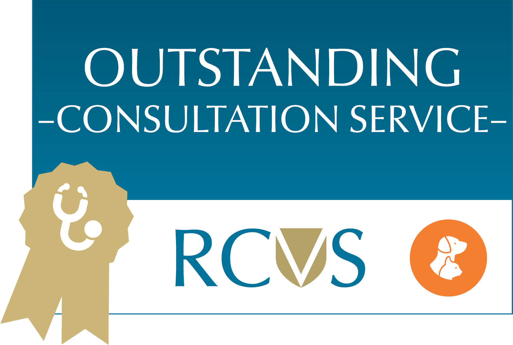 The RCVS Outstanding Consultation Service award badge at Sanderson Vet, shown as a gold rosette with the RCVS logo.