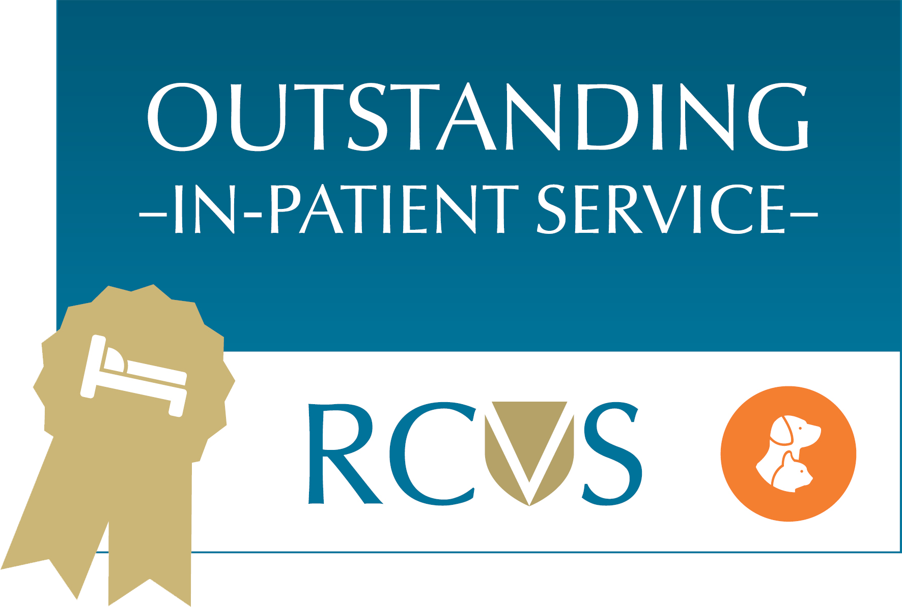 A certificate from the RCVS for excellent in-patient care at Sanderson Vet, showing a gold rosette and the RCVS logo.
