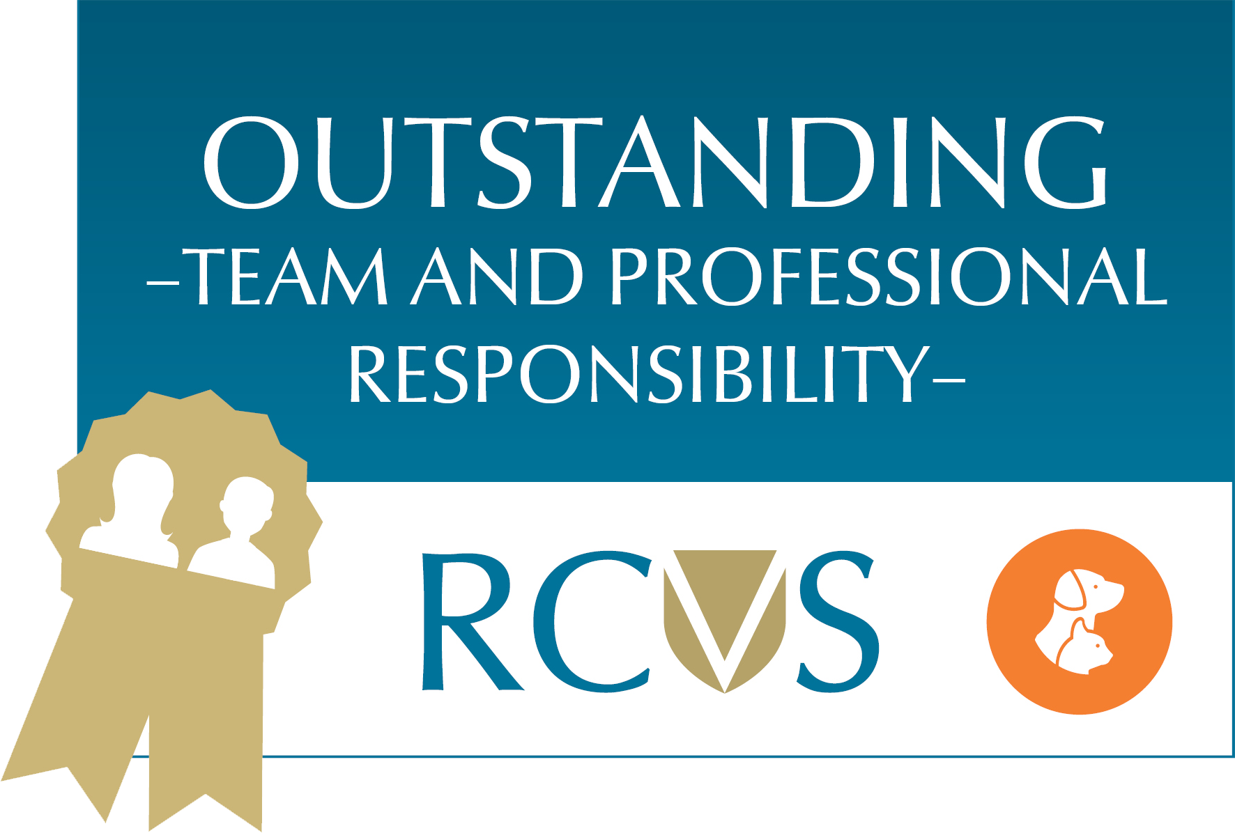 An RCVS award badge for Outstanding Team and Professional Responsibility at Sanderson Vet.