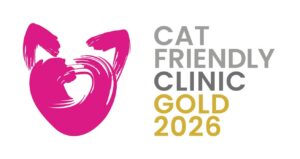 Logo for Cat Friendly Clinic Gold 2026, showing a pink cat head shape next to the words.